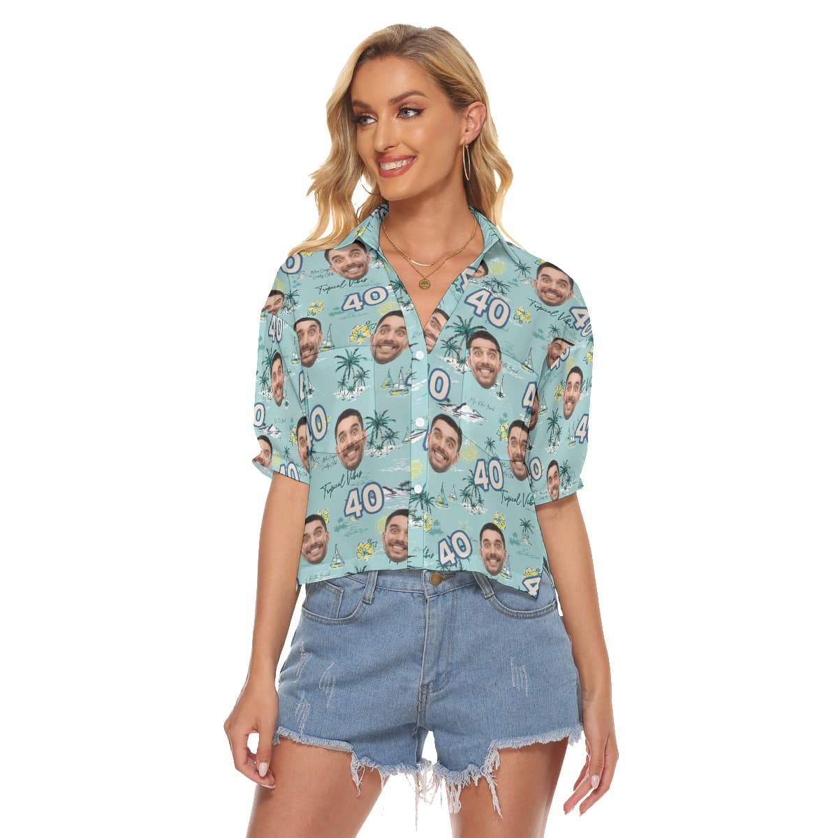 Funny Custom Face Birthday Tropical Blue Hawaiian Crop Top Shirt (4)