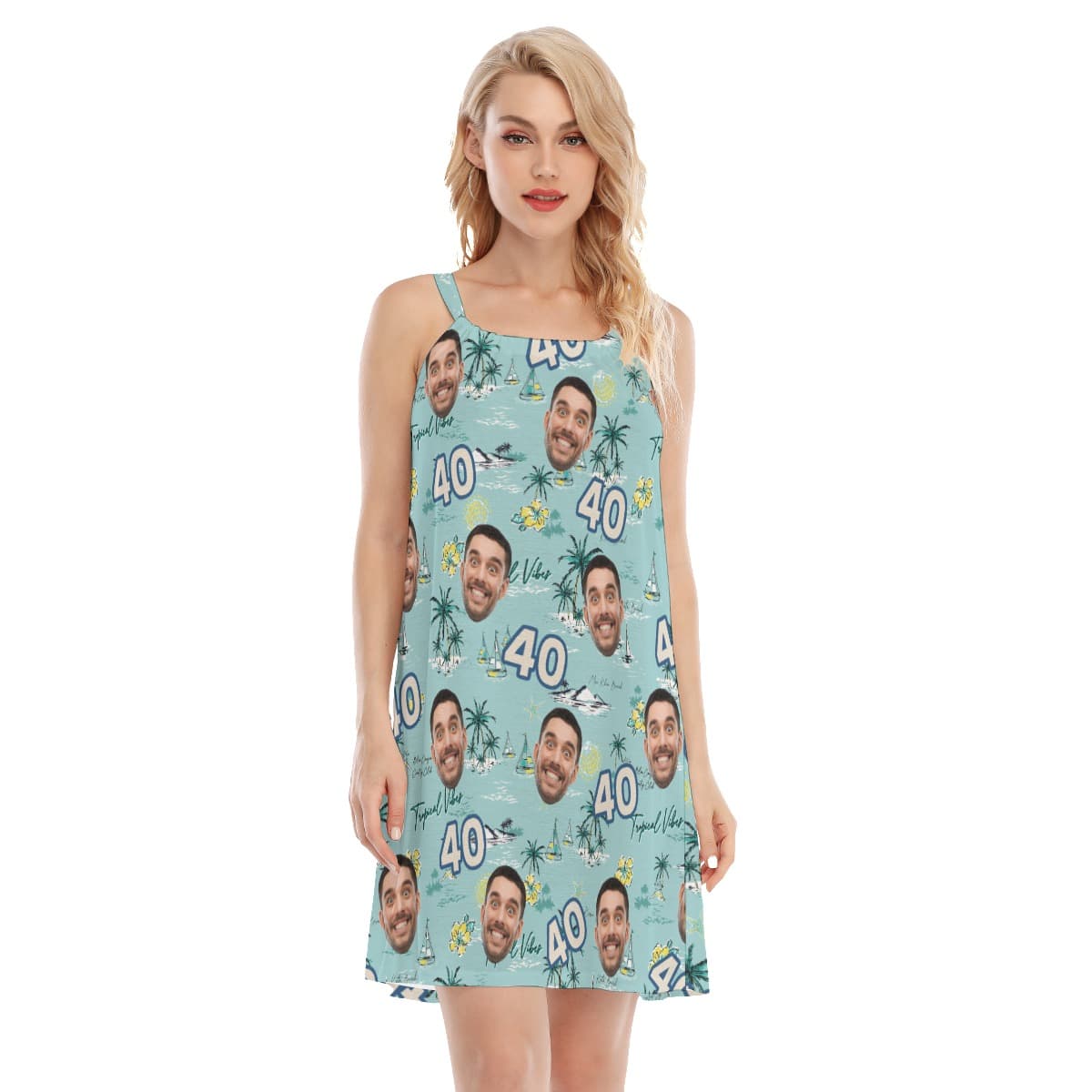 Funny Custom Face Birthday Tropical Blue Hawaiian Dress (1)