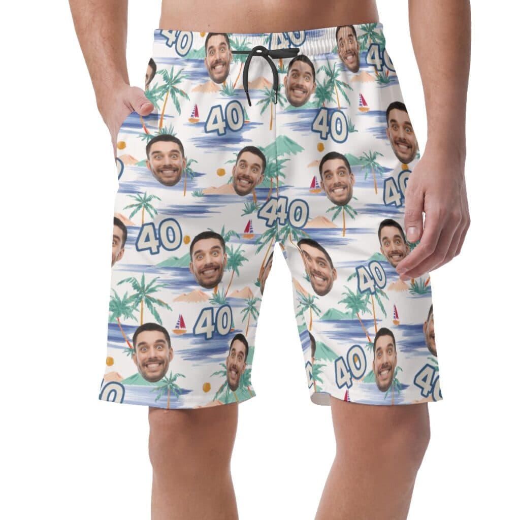 Funny Custom Face Birthday Tropical Palm Tree Hawaiian Beach Shorts
