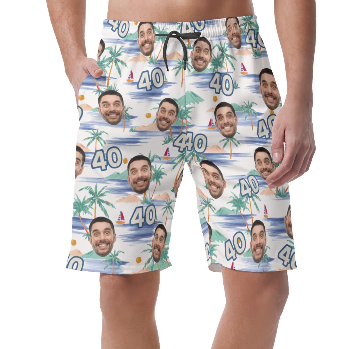 Funny Custom Face Birthday Tropical Palm Tree Hawaiian Beach Shorts