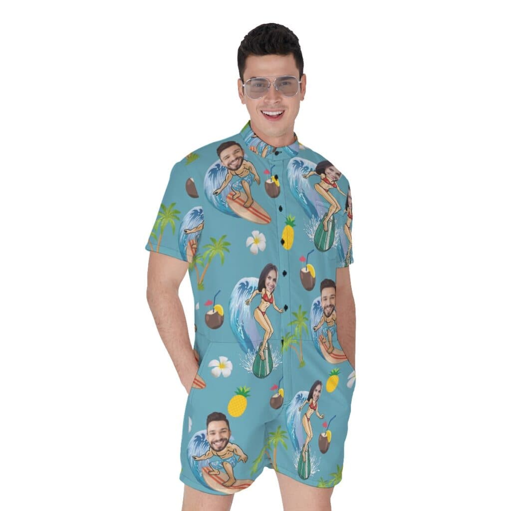 Funny Custom Face Couple Surfing Hawaiiam Romper