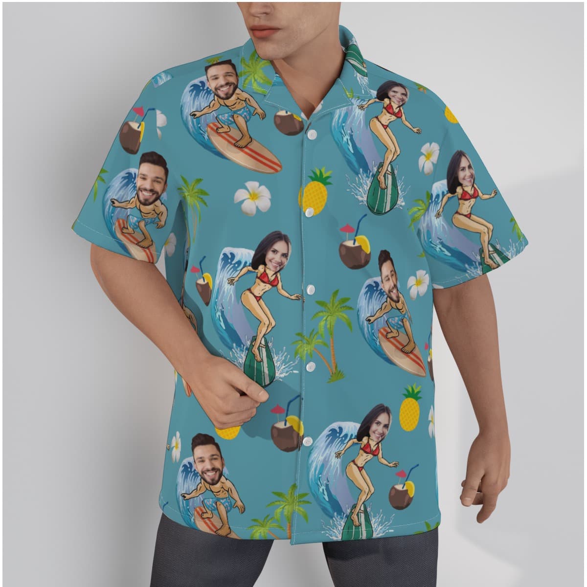 Funny Custom Face Couple Surfing Hawaiian Shirt