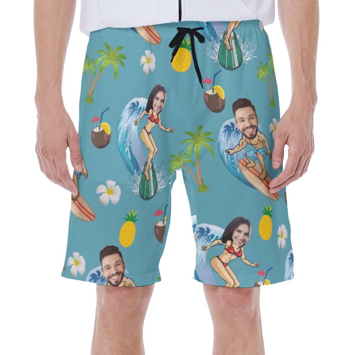 Funny Custom Face Couple Surfing Hawaiian Swim Trunks