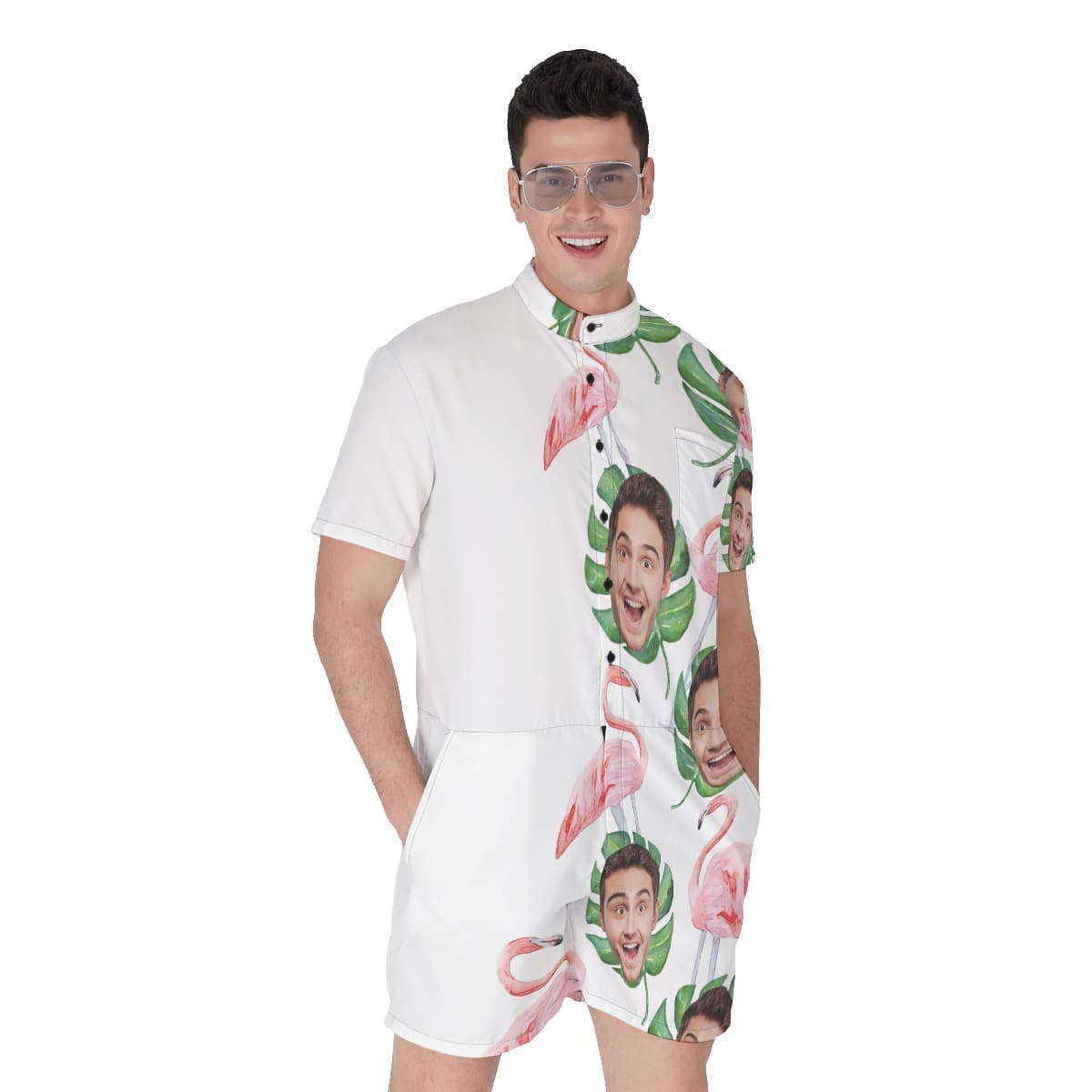 Funny Custom Face Flamingo Tropical Hawaiian Romper For Men