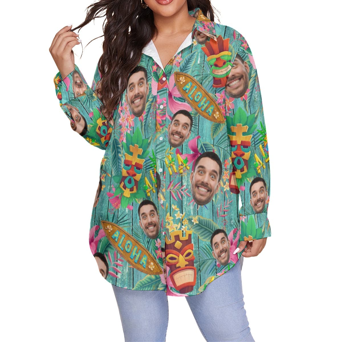 Funny Custom Face Floral Vintage Hawaiian Plus Size Shirt For Women (1)