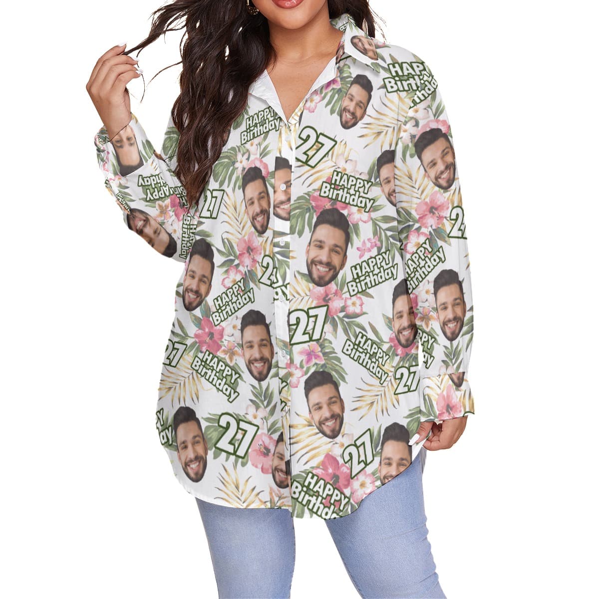 Funny Custom Face Happy Birthday Floral Aloha Plus Size Shirt (4)
