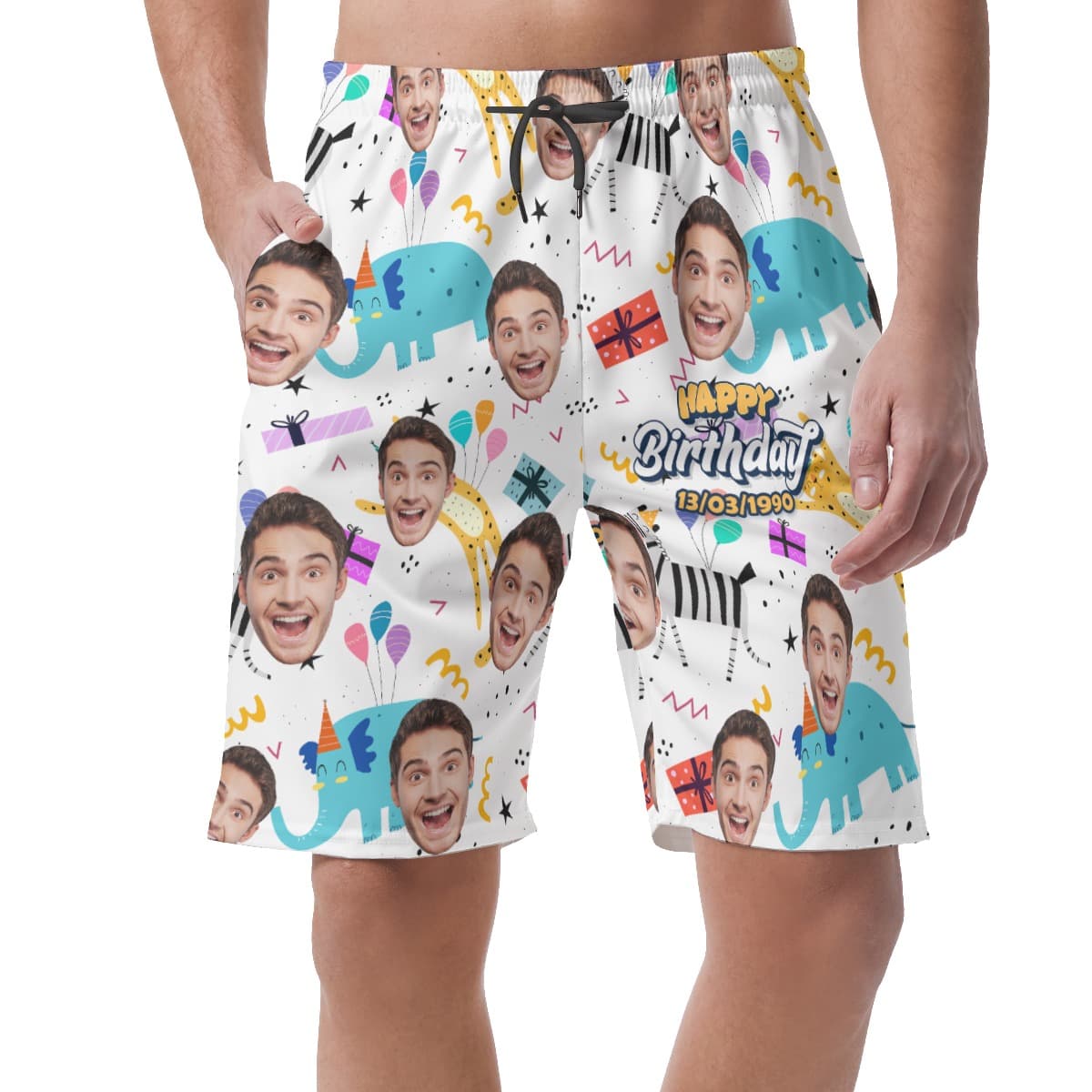 Funny Custom Face Happy Birthday Hawaiian Beach Shorts For Men