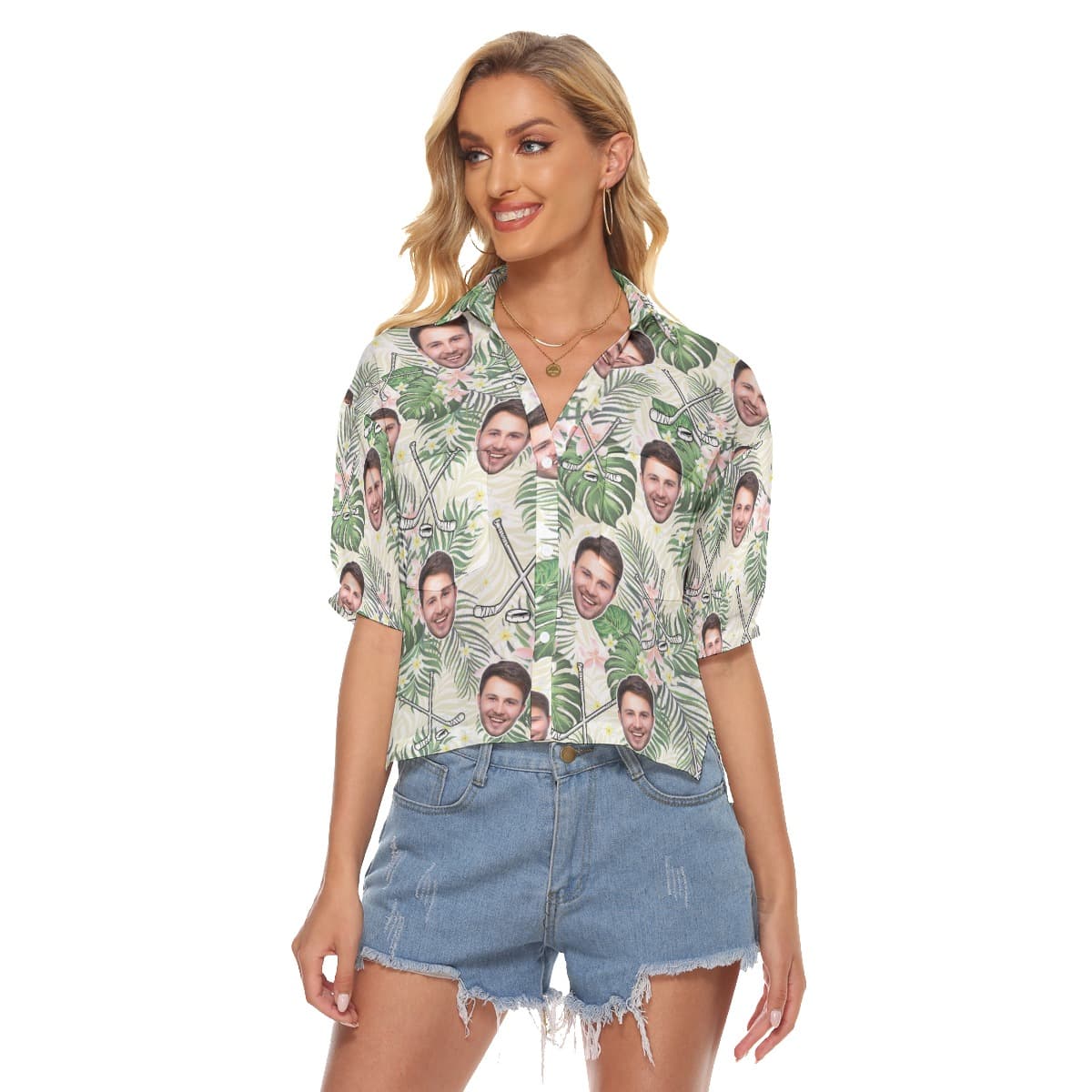 Funny Custom Face Hockey Floral Hawaiian Cropped Shirt For Women (4)