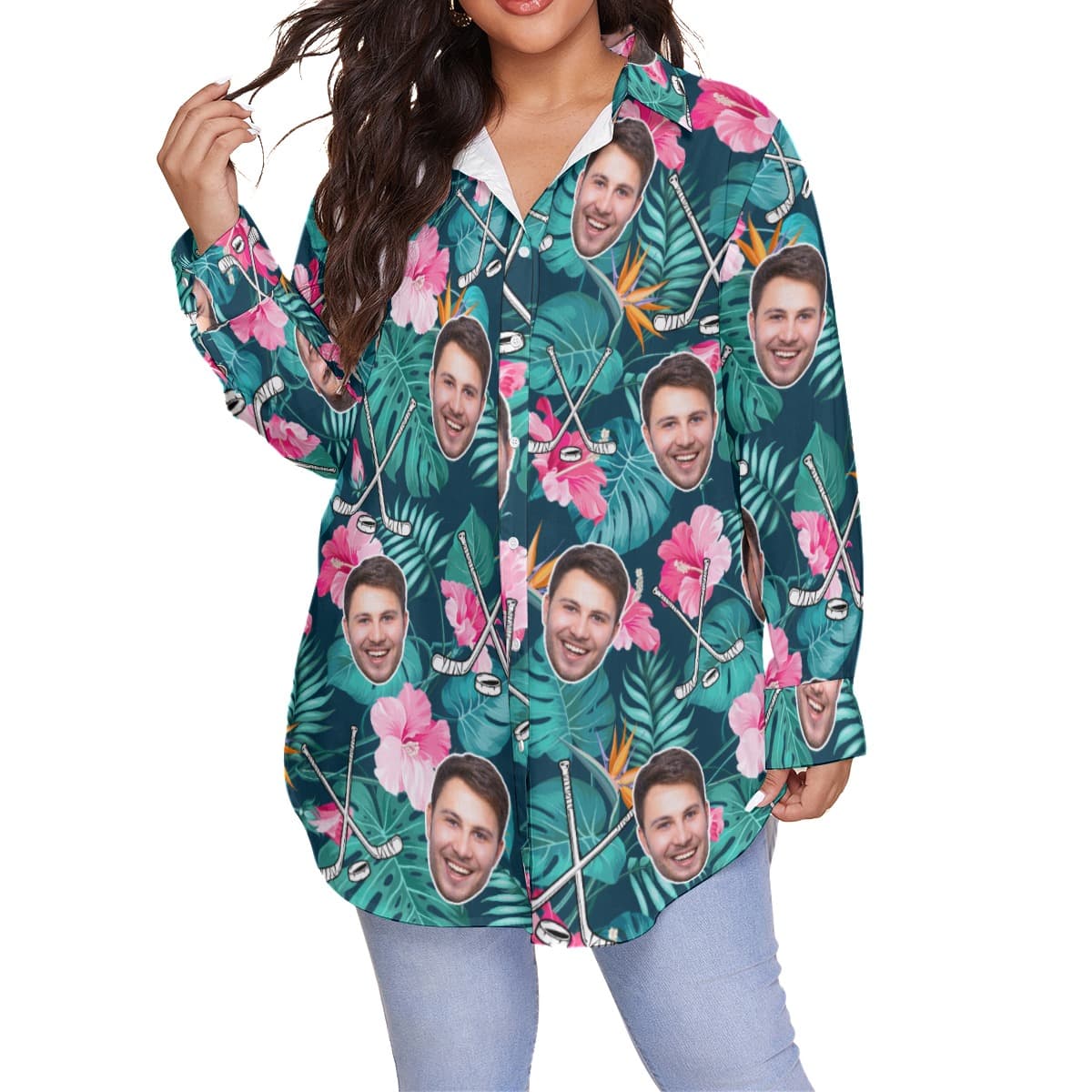 Funny Custom Face Hockey Floral Hawaiian Plus Size Shirt For Women (4)