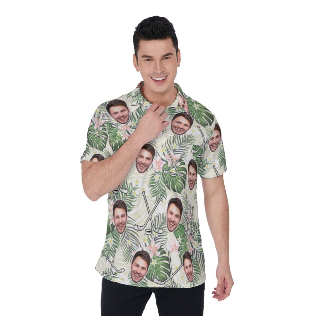 Funny Custom Face Hockey Floral Hawaiian Polo Shirt