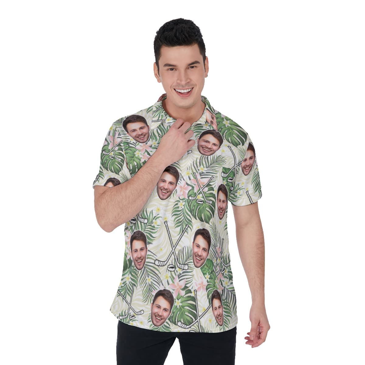 Funny Custom Face Hockey Floral Hawaiian Polo Shirt