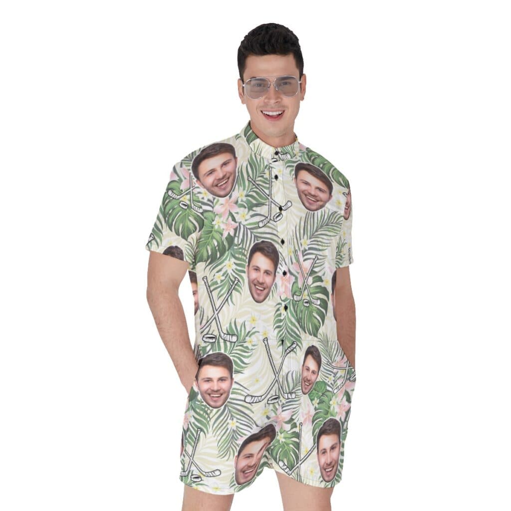 Funny Custom Face Hockey Floral Hawaiian Romper For Men