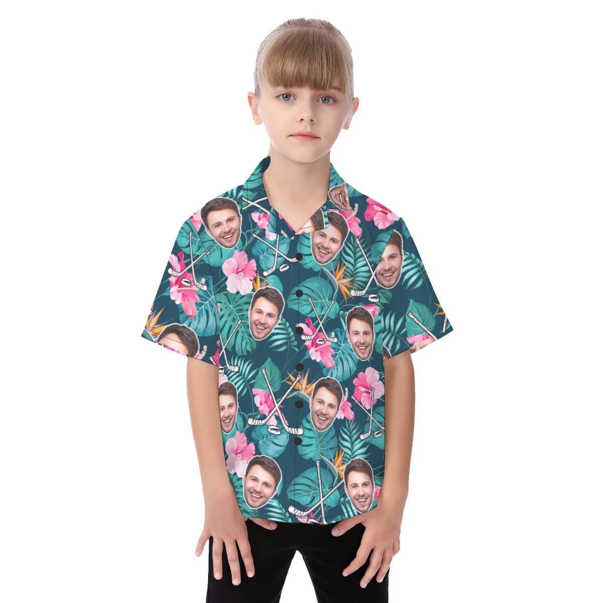 Funny Custom Face Hockey Floral Hawaiian Shirt For Kids