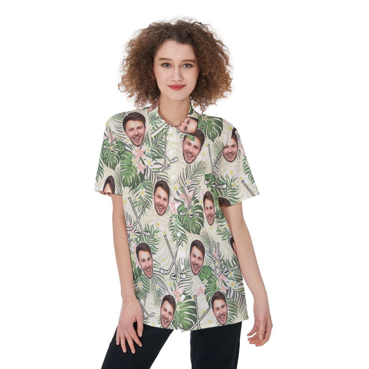 Funny Custom Face Hockey Floral Hawaiian Shirt For Women