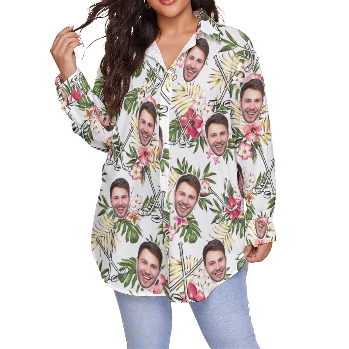 Funny Custom Face Hockey Hibicus Hawaiian Plus Size Shirt For Women (1)