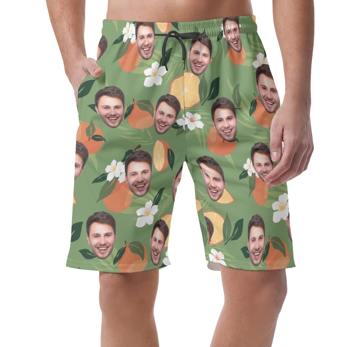 Funny Custom Face Orange Floral Hawaiian Beach Shorts For Men