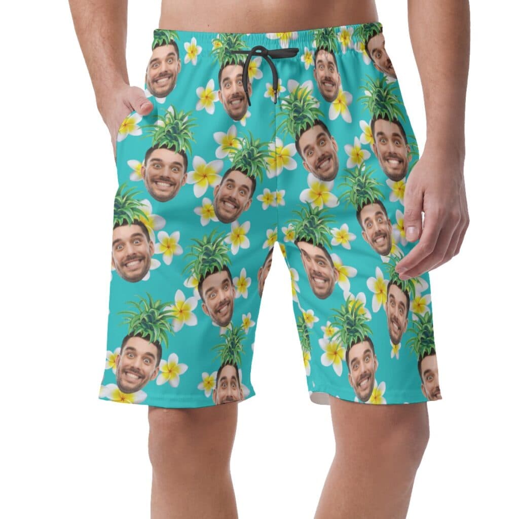 Funny Custom Face Pineapple Hawaiian Summer Beach Shorts For Men