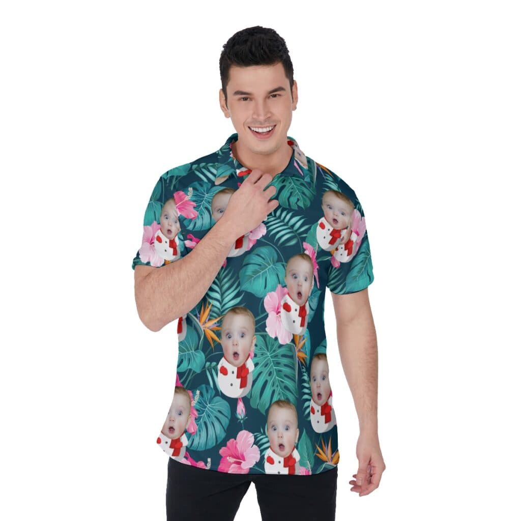 Funny Custom Face Snowman Floral Hawaiian Polo Shirt For Men