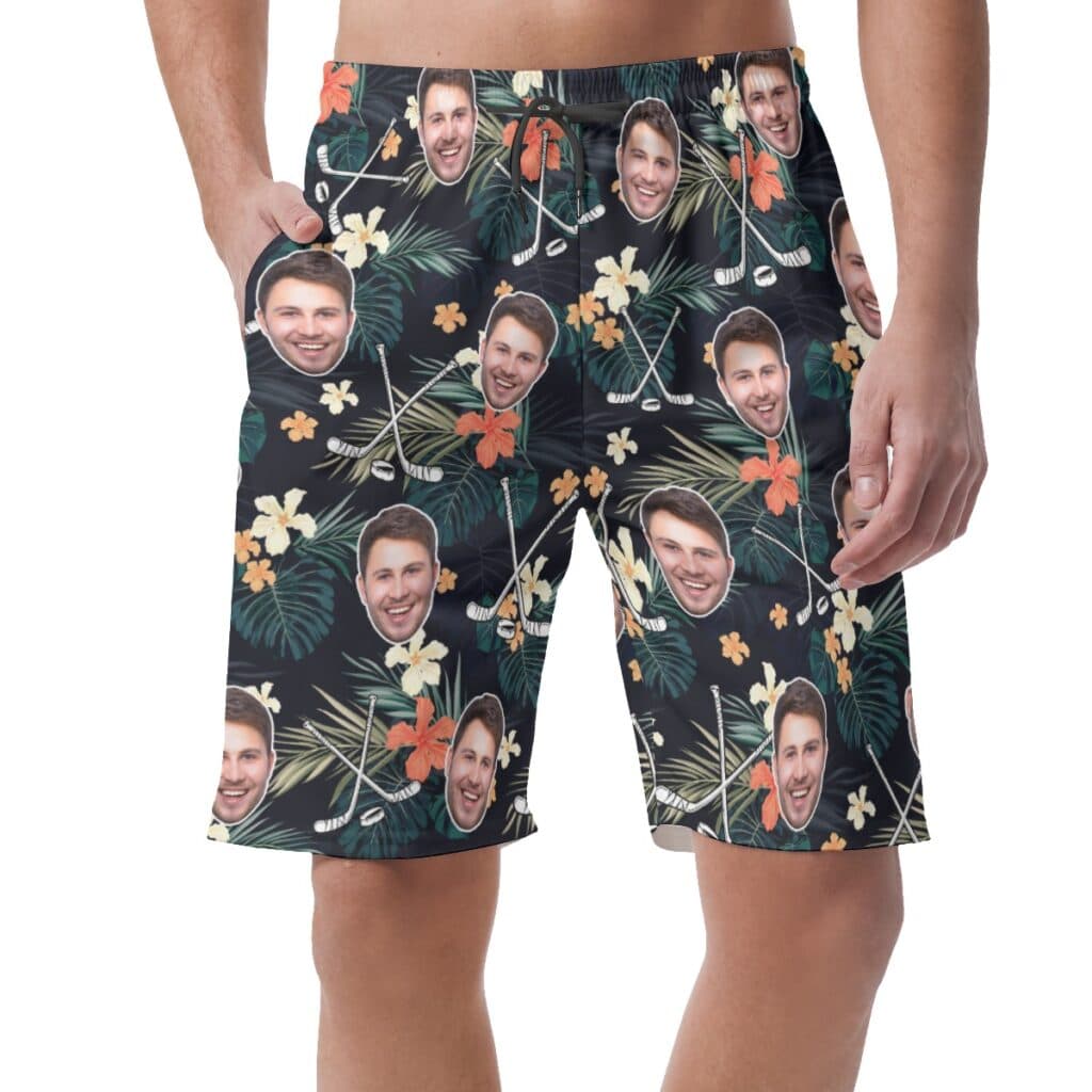Funny Custom Face Tropical Hockey Hawaiian Beach Shorts For Men