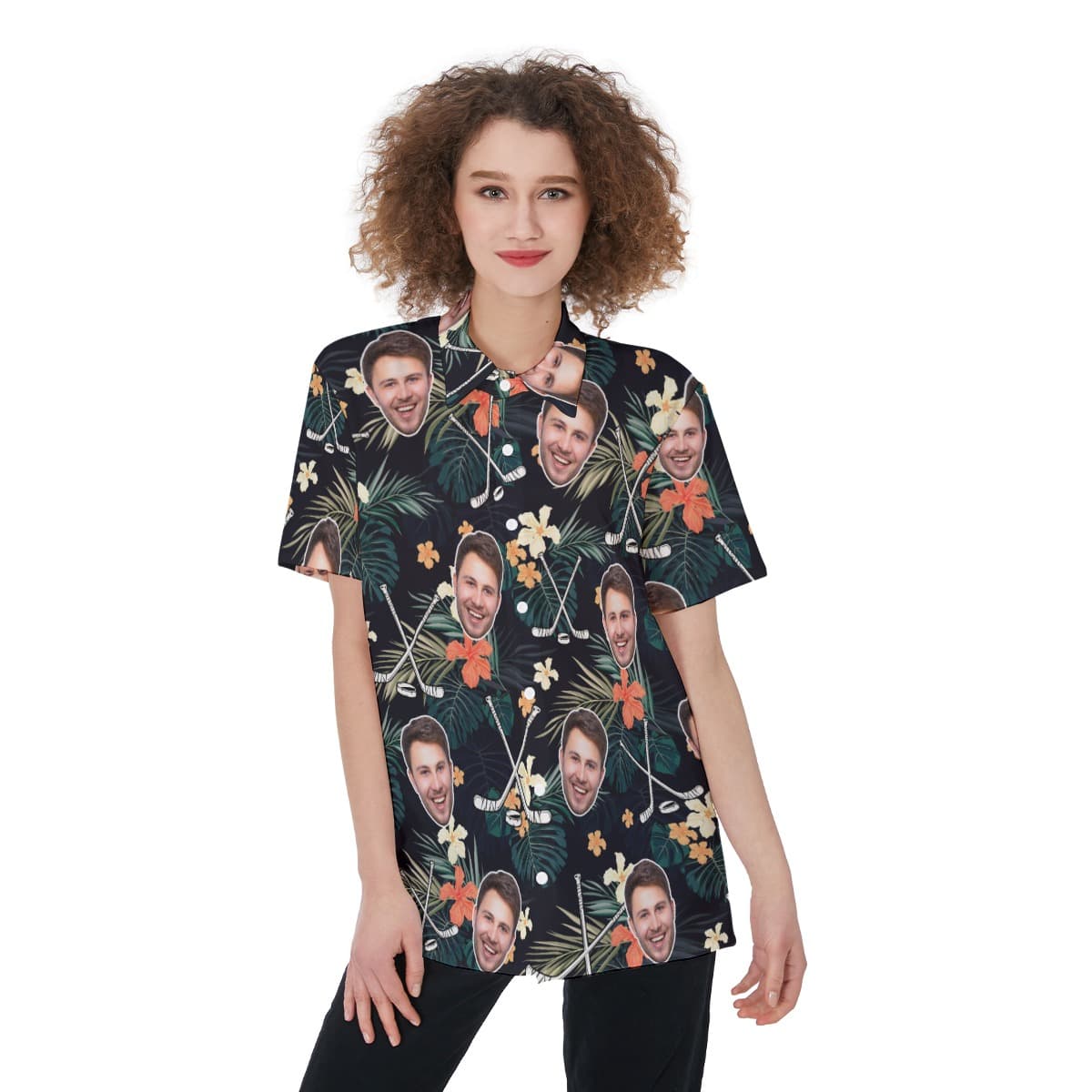 Funny Custom Face Tropical Hockey Hawaiian Shirt For Women