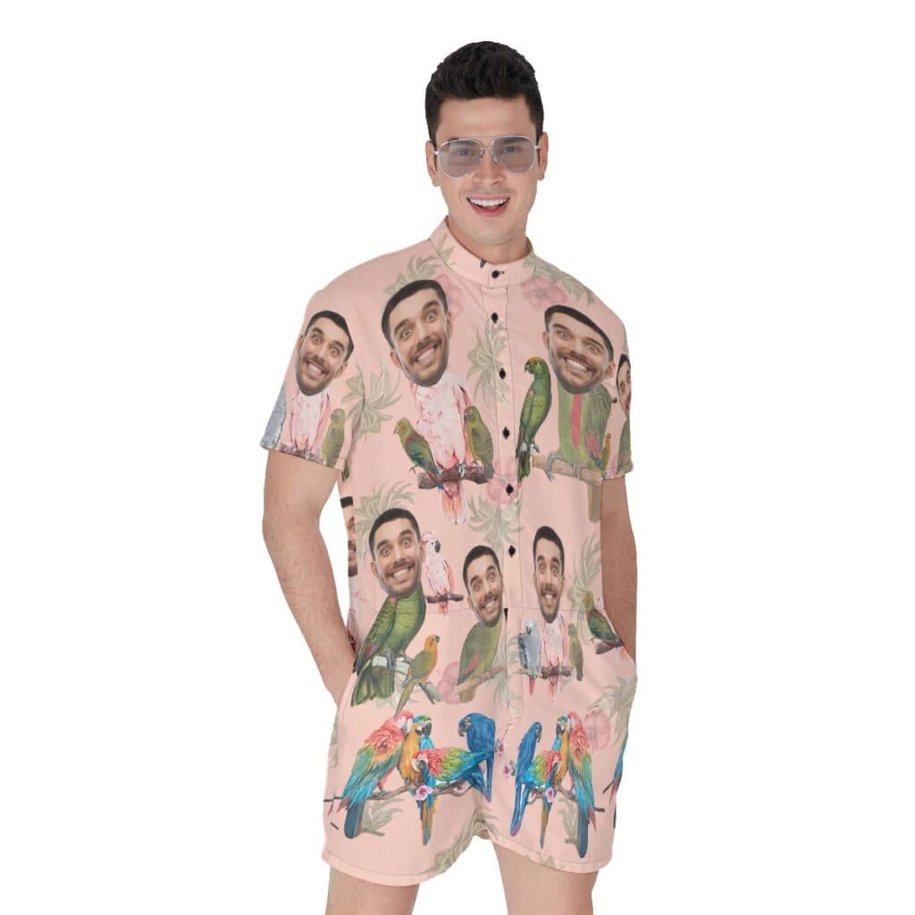 Funny Custom Face Tropical Parrots Men's Hawaiian Romper