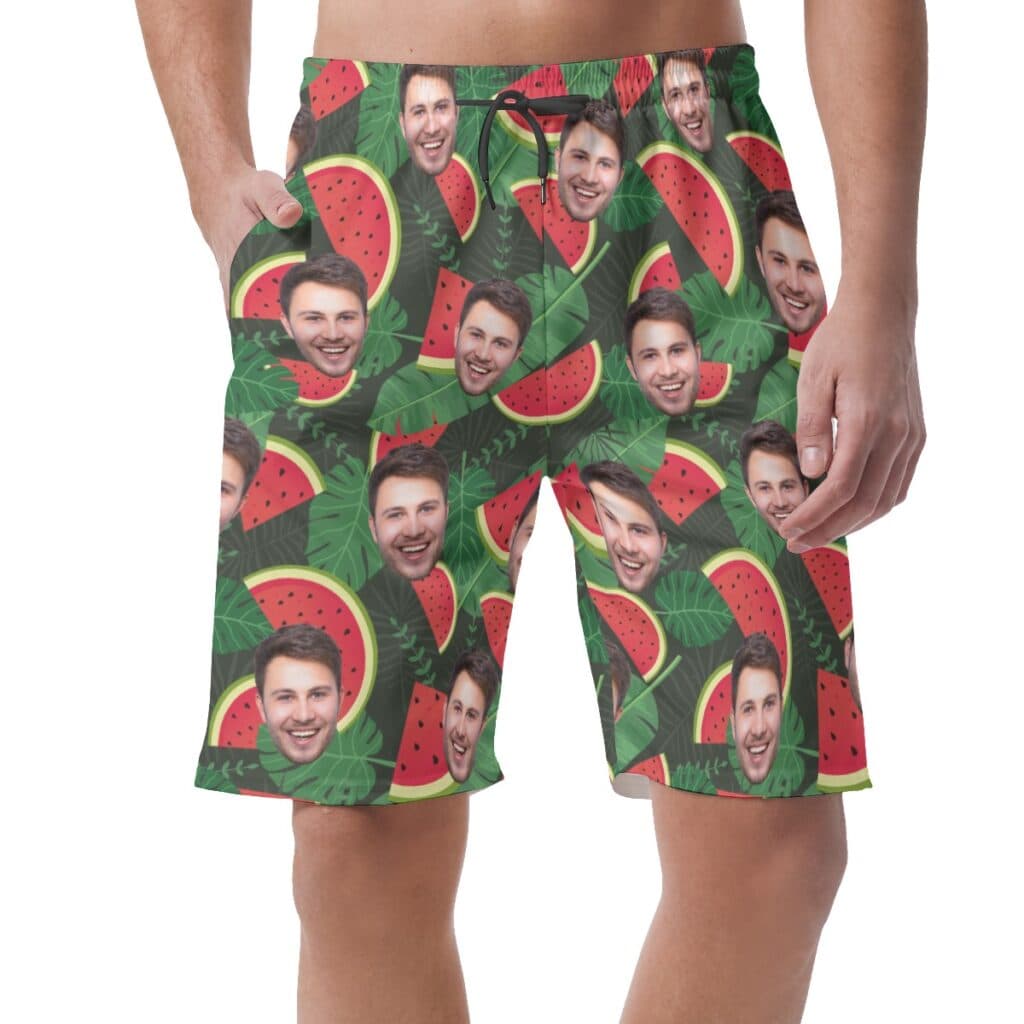 Funny Custom Face Watermelon Green Hawaiian Beach Shorts For Men