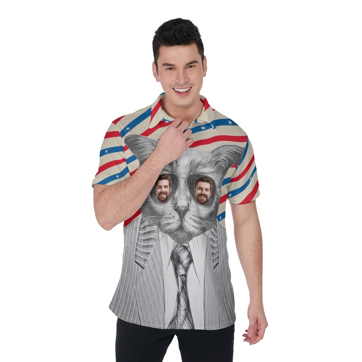 Funny Custom Face With Cat Hawaiian Polo Shirt