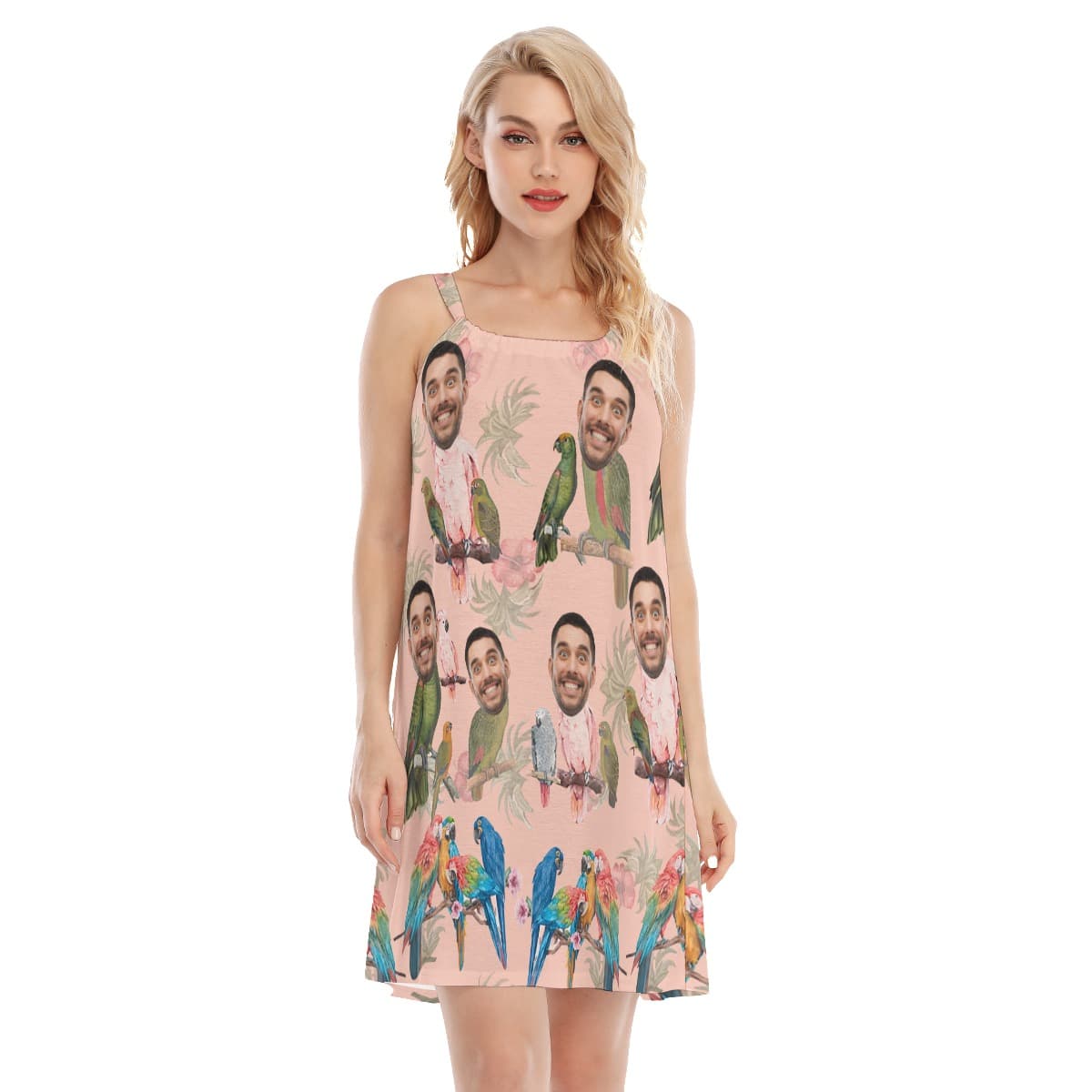 Funny Custom Face With Tropical Parrots Pink Aloha Dress For Summer (1)