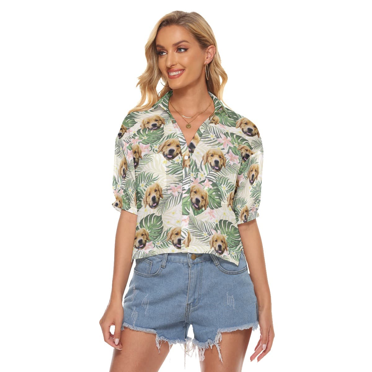 Funny Custom Pet Face Tropical Hawaiian Cropped Shirt (4)
