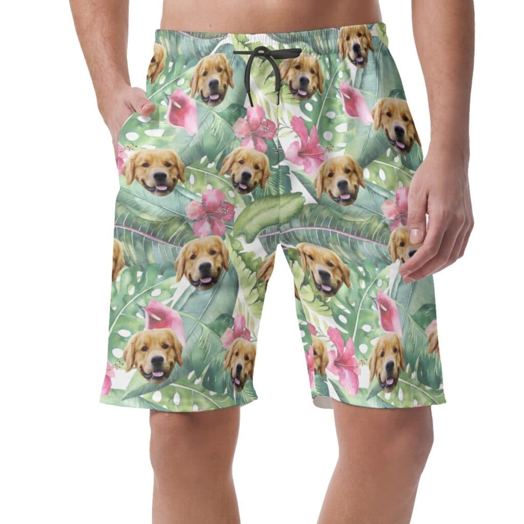 Funny Custom Tropical Hibicus Hawaiian Beach Shorts With Dog Face