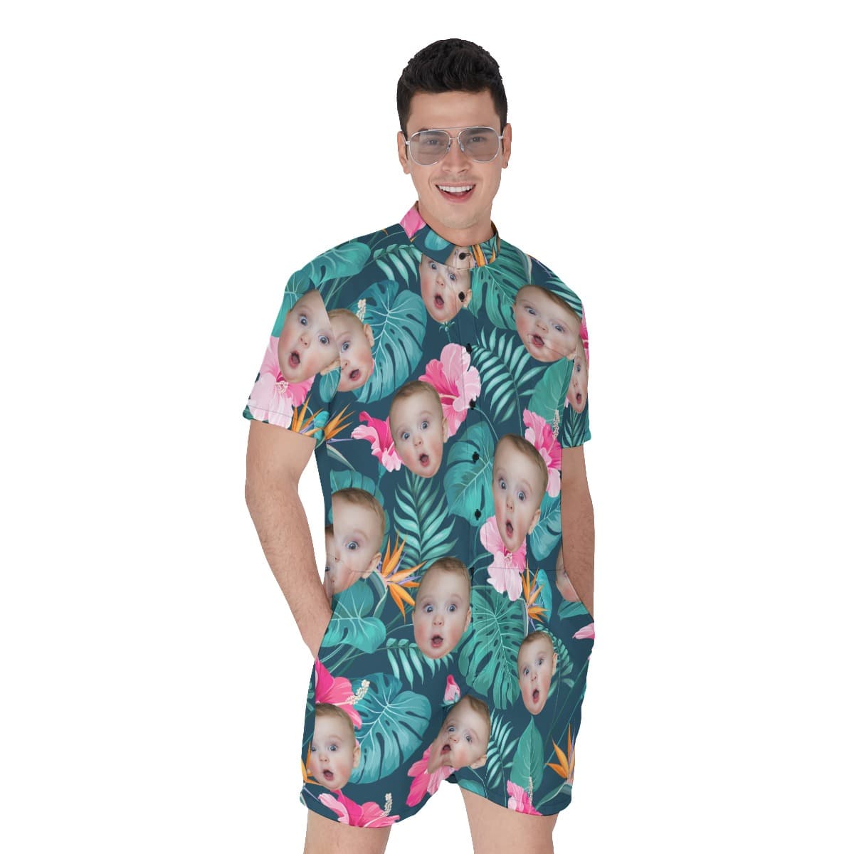 Funny Custom Tropical Men’s Hawaiian Romper With Kids Face (4)