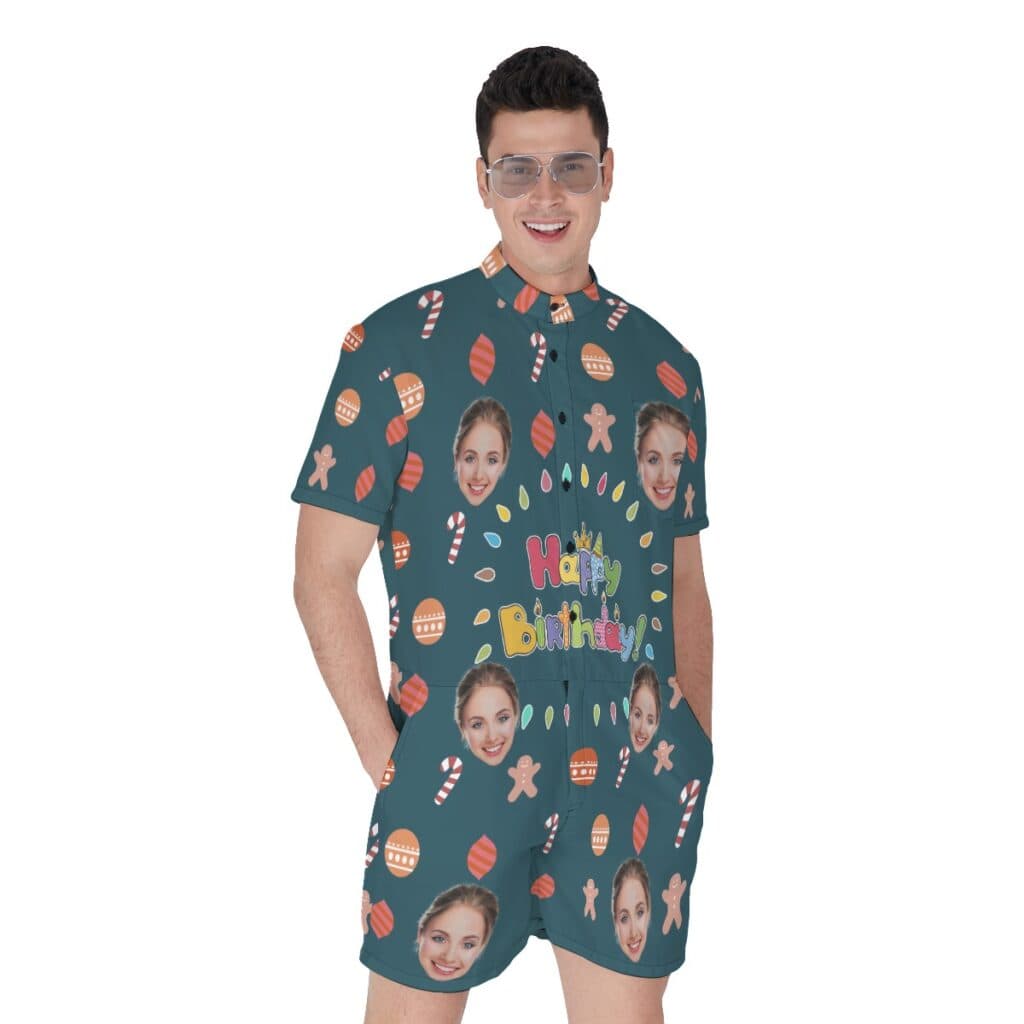 Funny Happy Birthday Custom Face Men's Hawaiian Romper