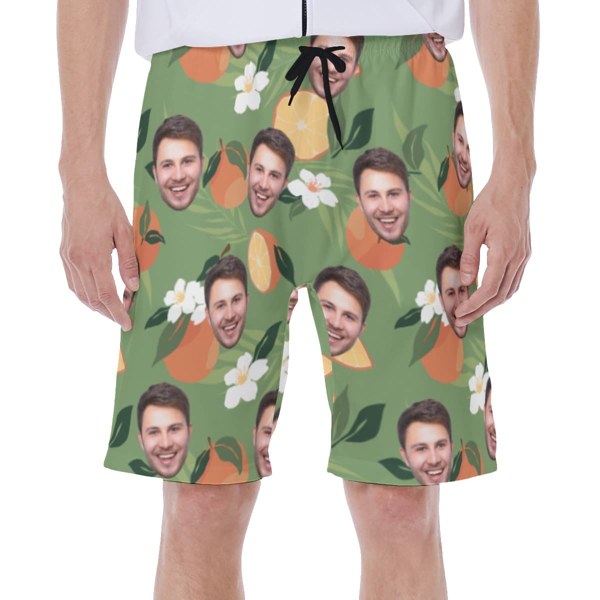 Funny Orange Fruit Custom Face Green Hawaiian Swim Trunks