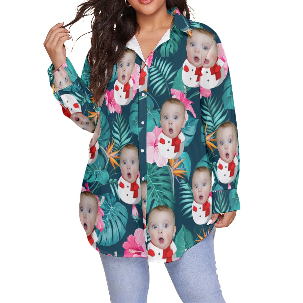 Funny Snowman Custom Face Tropical Hawaiian Plus Size Shirt For Women