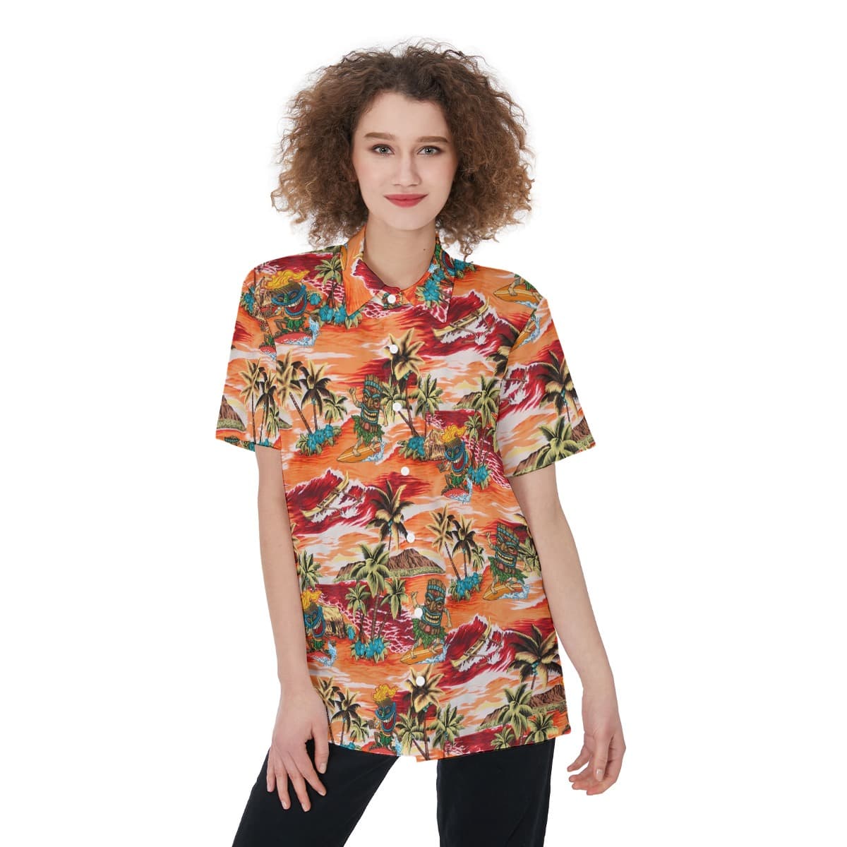 Funny Surfing Tiki Tropical Orange Hawaiian Shirt For Women