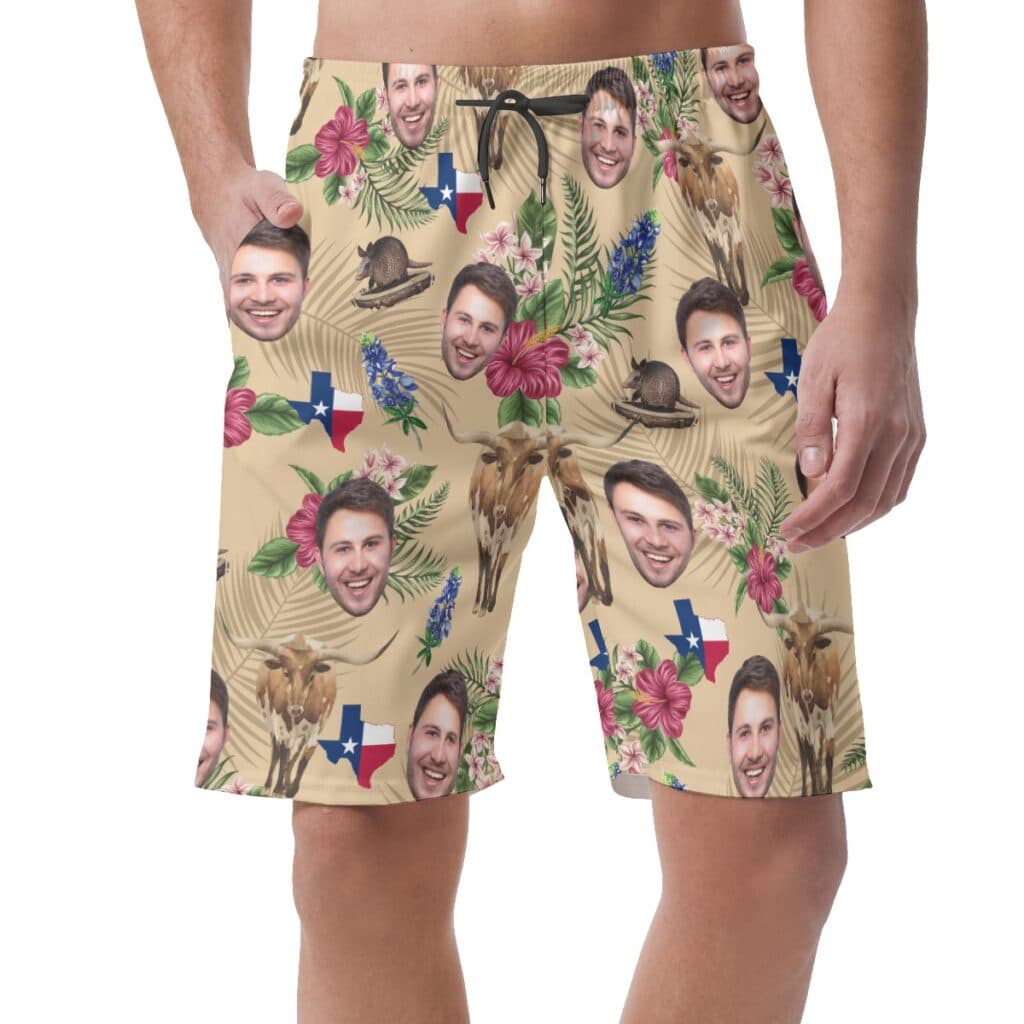 Funny Texas Flag Floral Custom Face Hawaiian Beach Shorts For Men