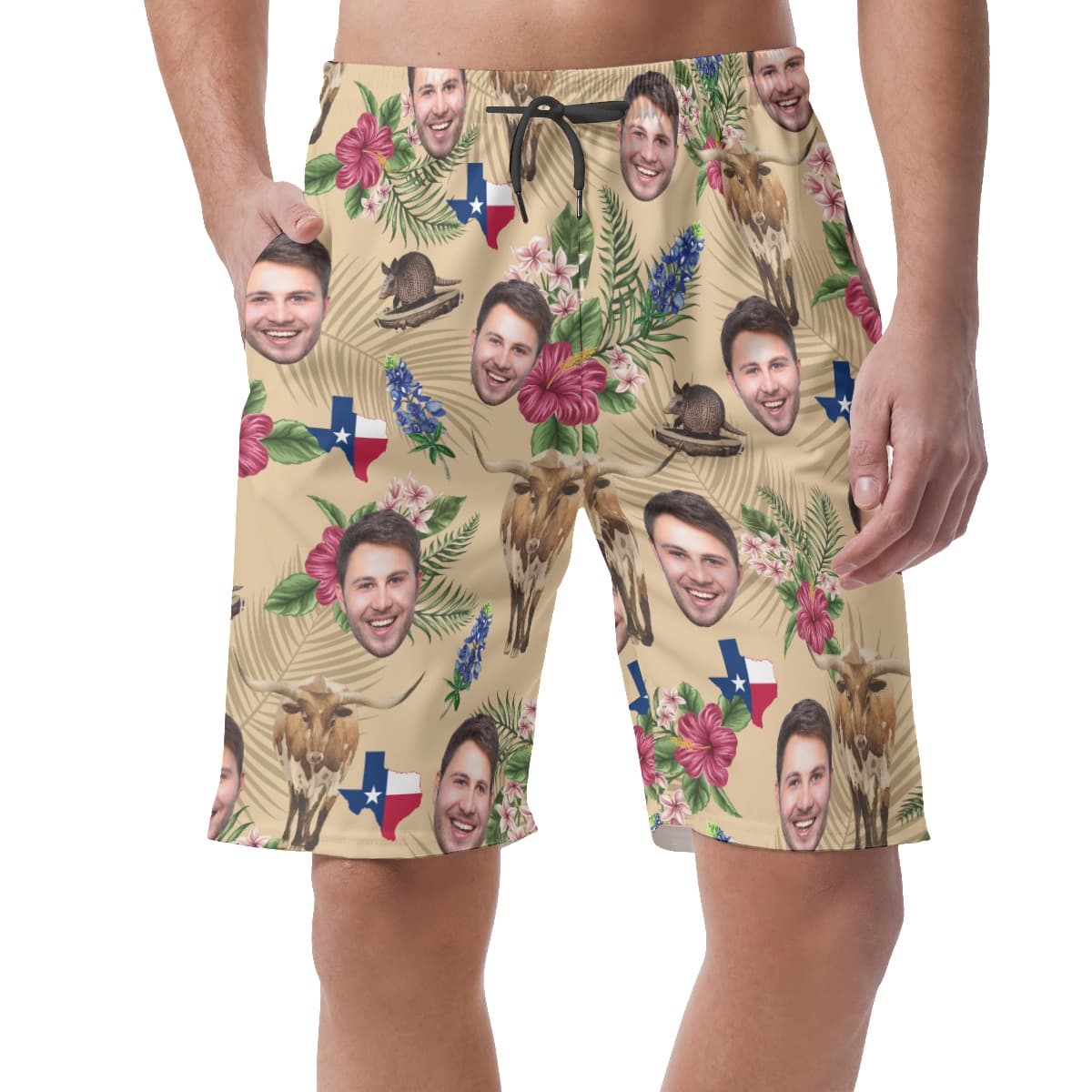 Funny Texas Flag Floral Custom Face Hawaiian Beach Shorts For Men