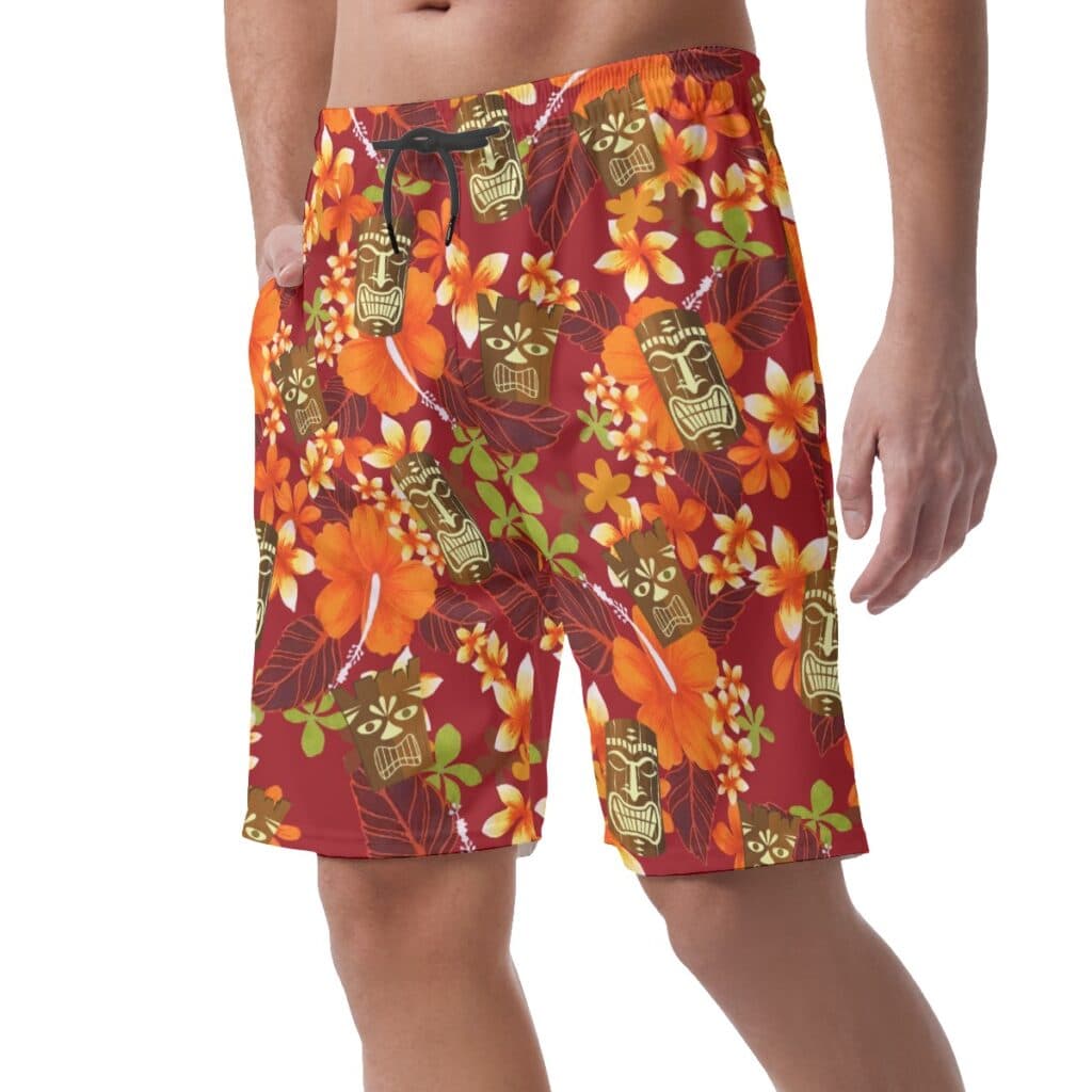 Funny Tiki Floral Orange Hawaiian Beach Shorts For Men