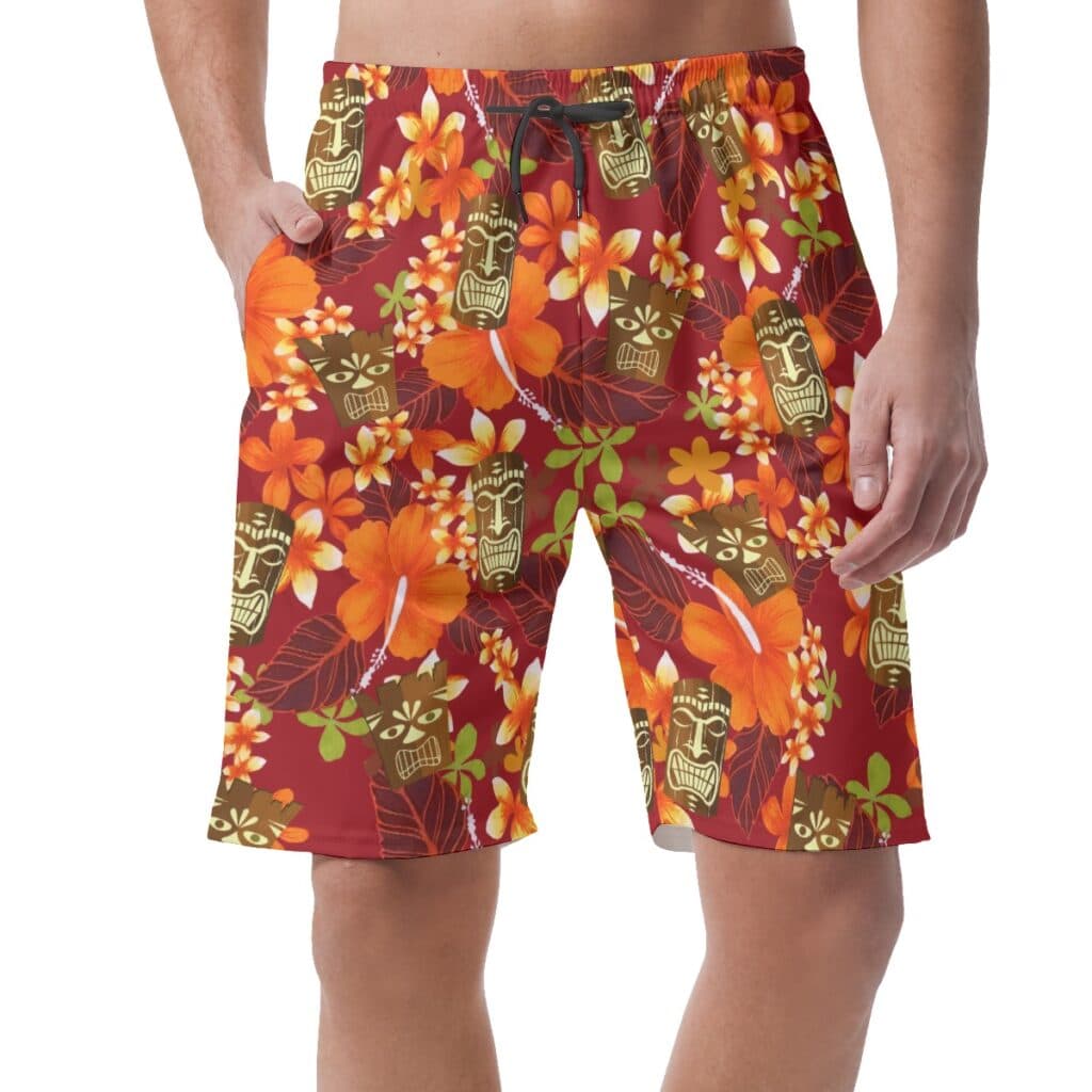 Funny Tiki Floral Orange Hawaiian Beach Shorts For Men