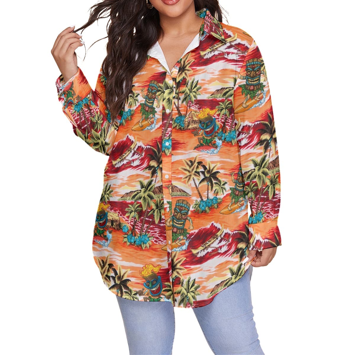 Funny Tiki Surfing Tropical Orange Hawaiian Plus Size Shirt For Women
