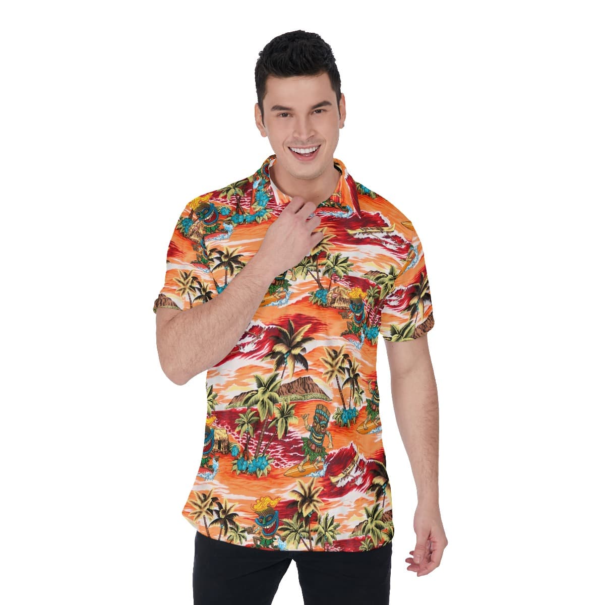 Funny Tiki Surfing Tropical Orange Polo Shirt For Men
