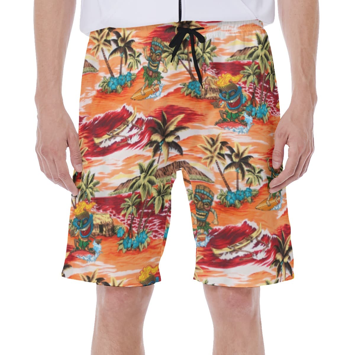 Funny Tiki Surfing Tropical Palm Tree Orange Hawaiian Swim Trunks For Men