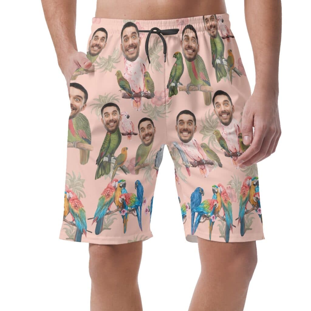 Funny Tropical Parrot Custom Face Hawaiian Beach Shorts For Men