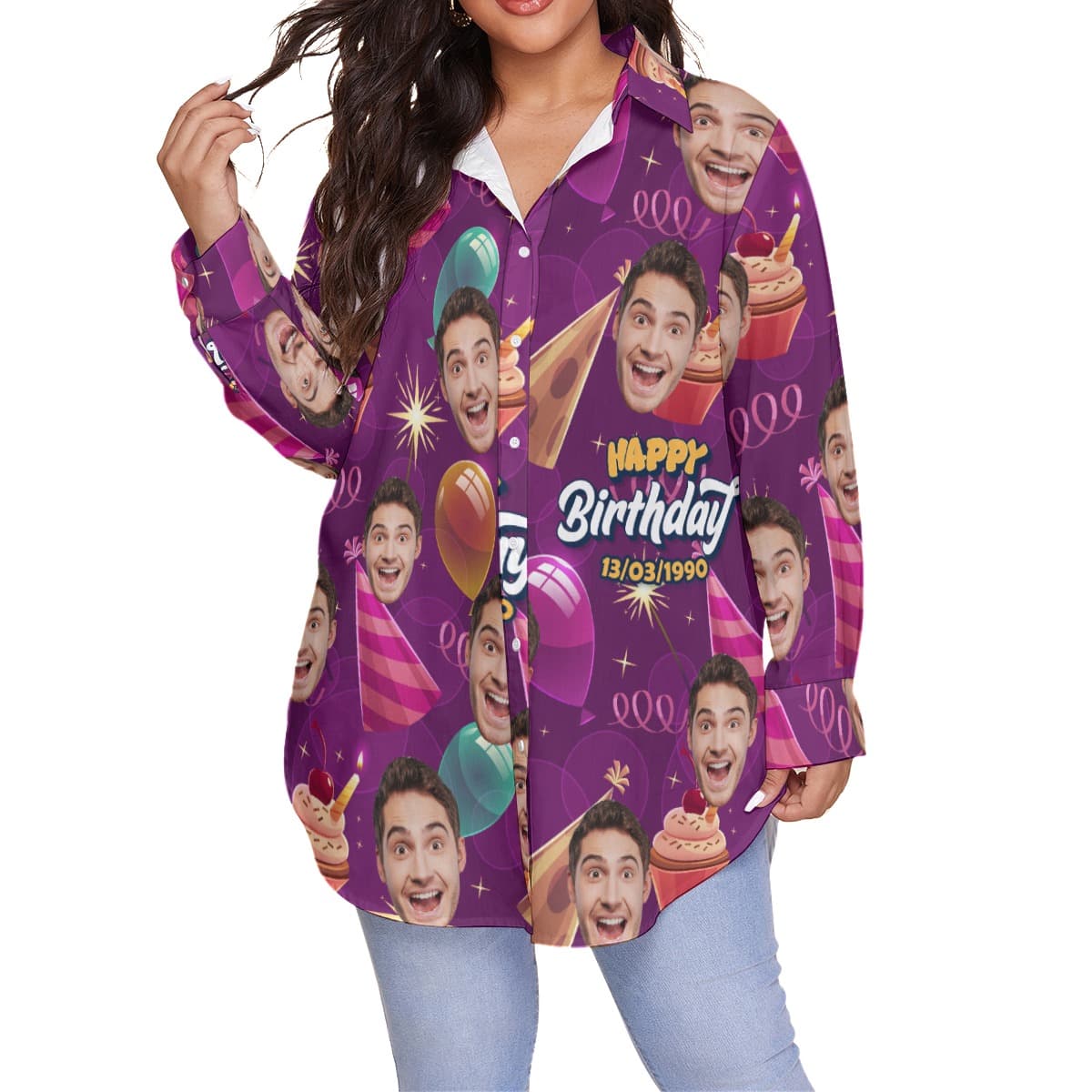 Happy Birthday Custom Face And Date Hawaiian Plus Size Shirt For Women (4)