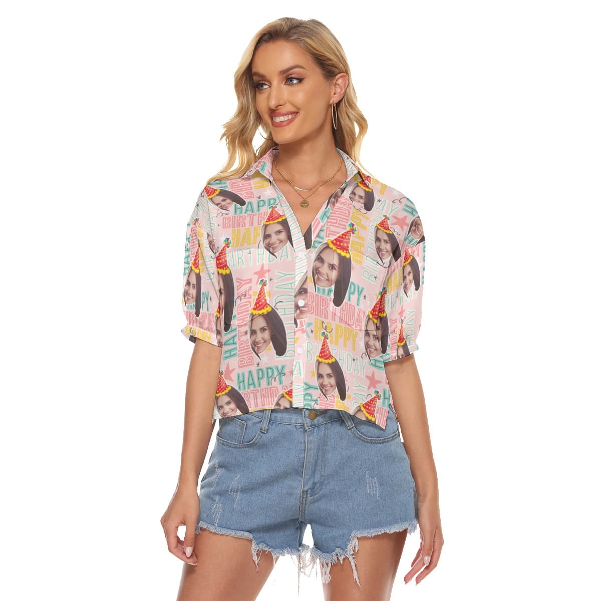 Happy Birthday Custom Face Hawaiian Cropped Shirt (4)
