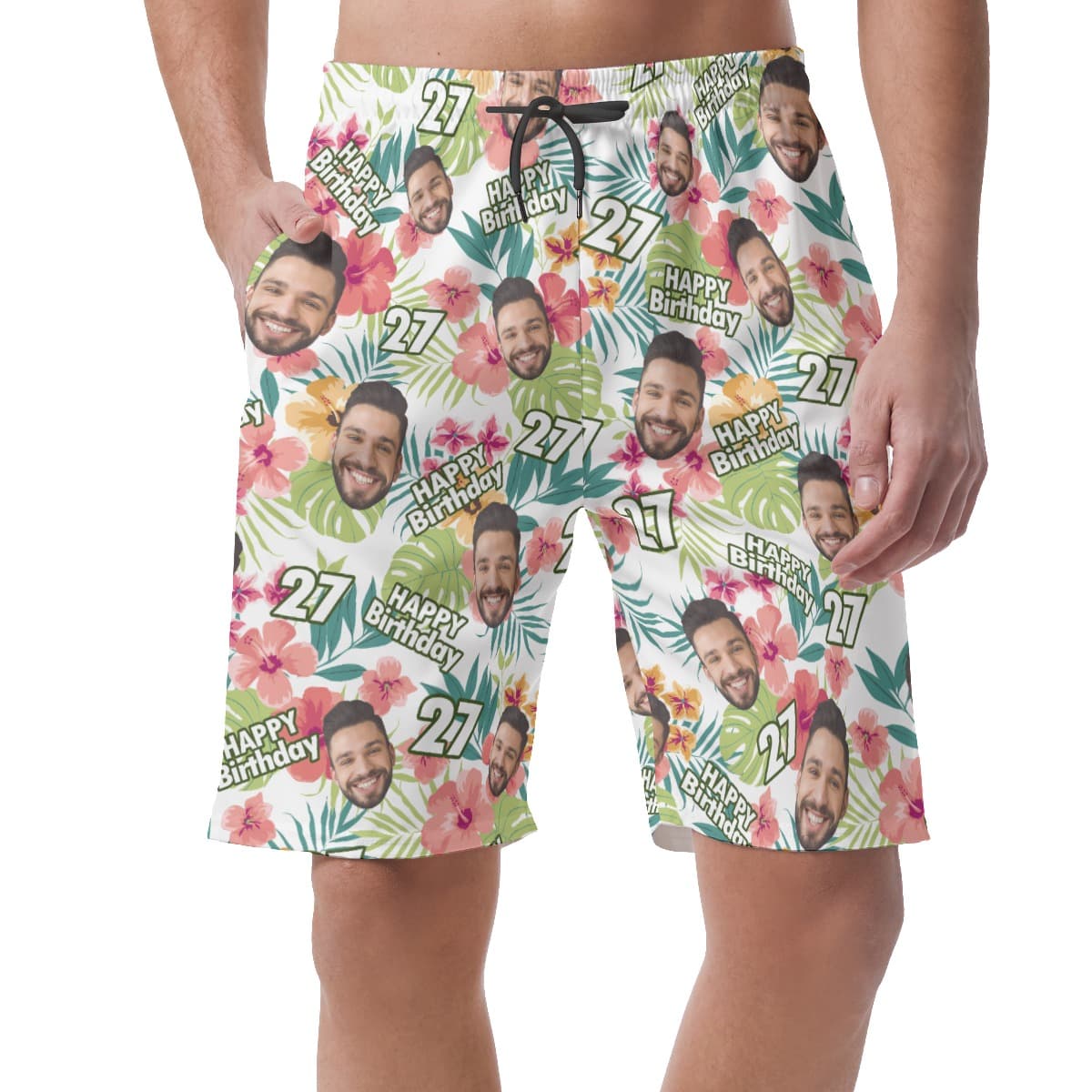 Happy Birthday Custom Face Hibicus Hawaiian Beach Shorts For Men