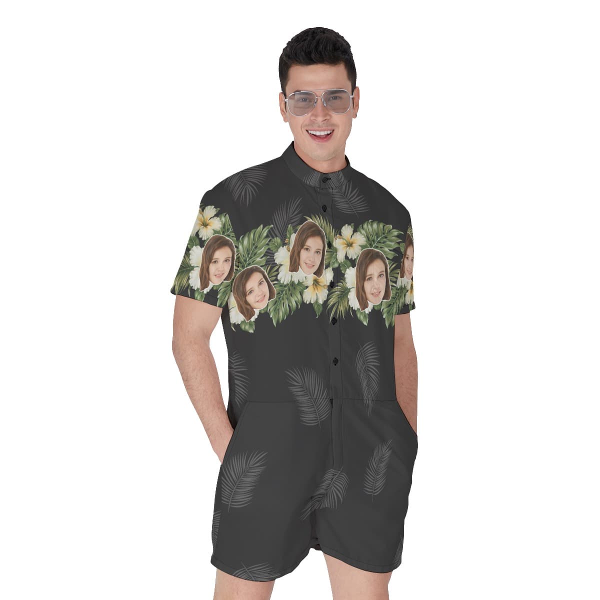 Hibiscus Black Beach Romper With Custom Face (1)