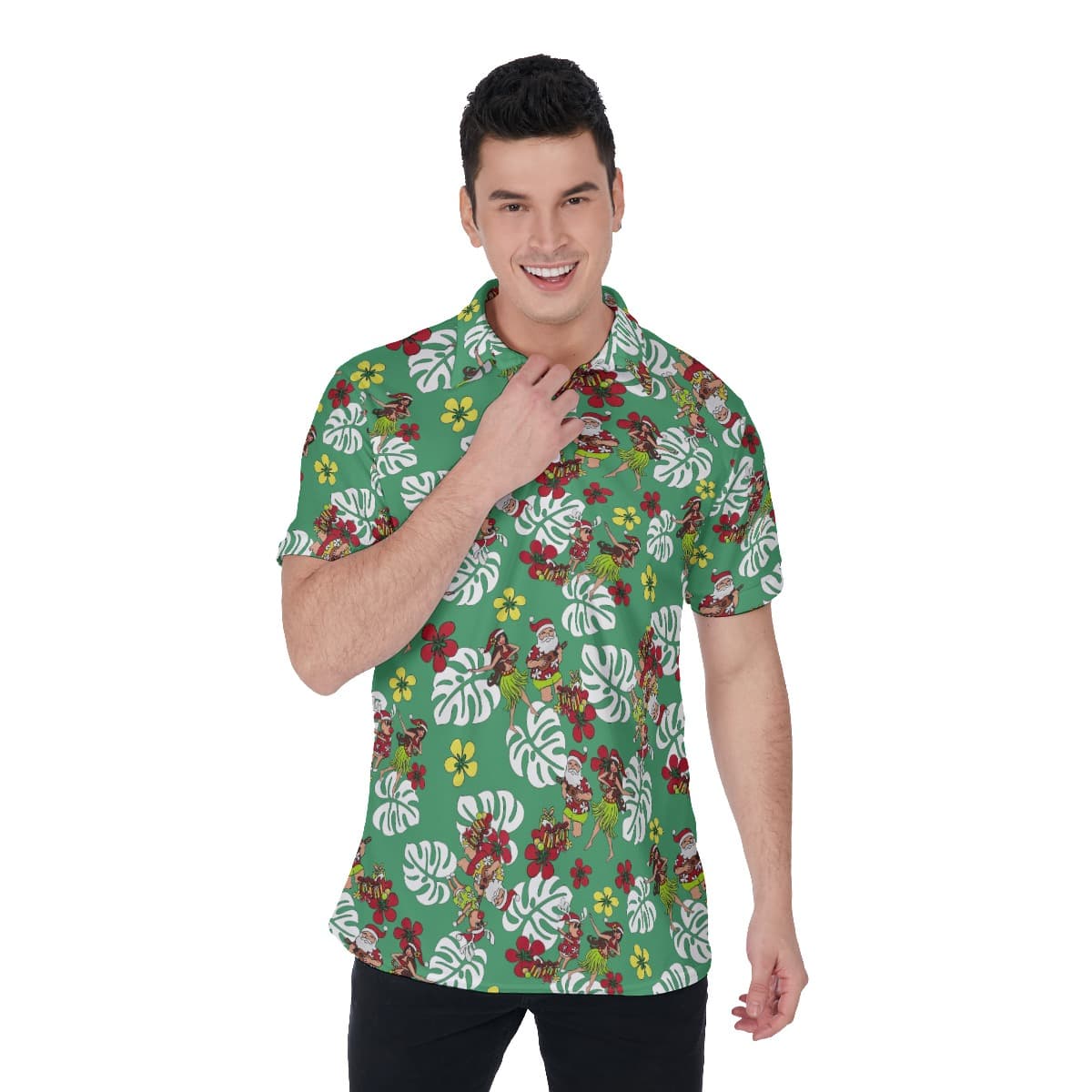 Hula Girl And Santa Christmas Polo Hawaiian Shirt For Men (1)