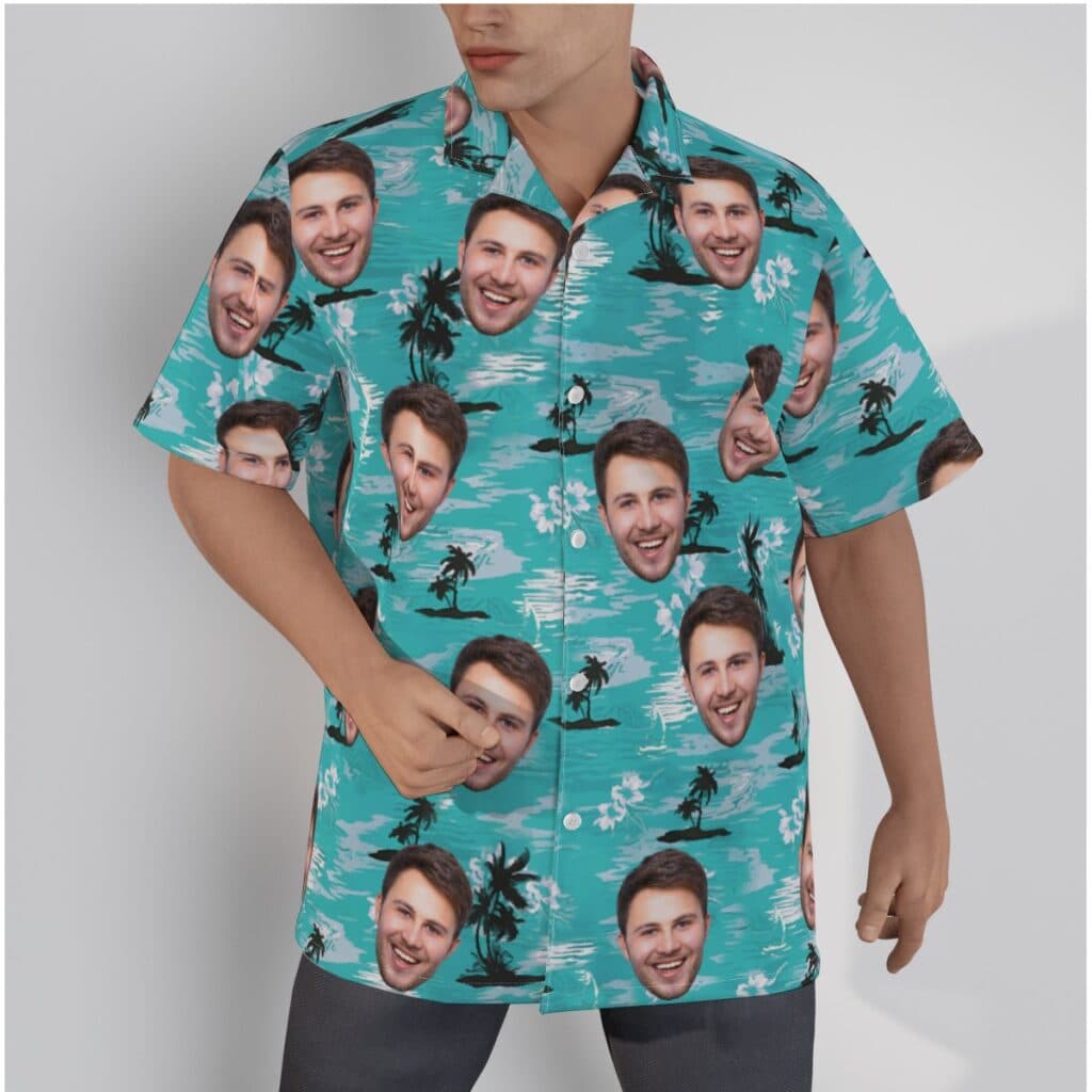 Light Blue Beach Button Up Shirt With Custom Face (1)