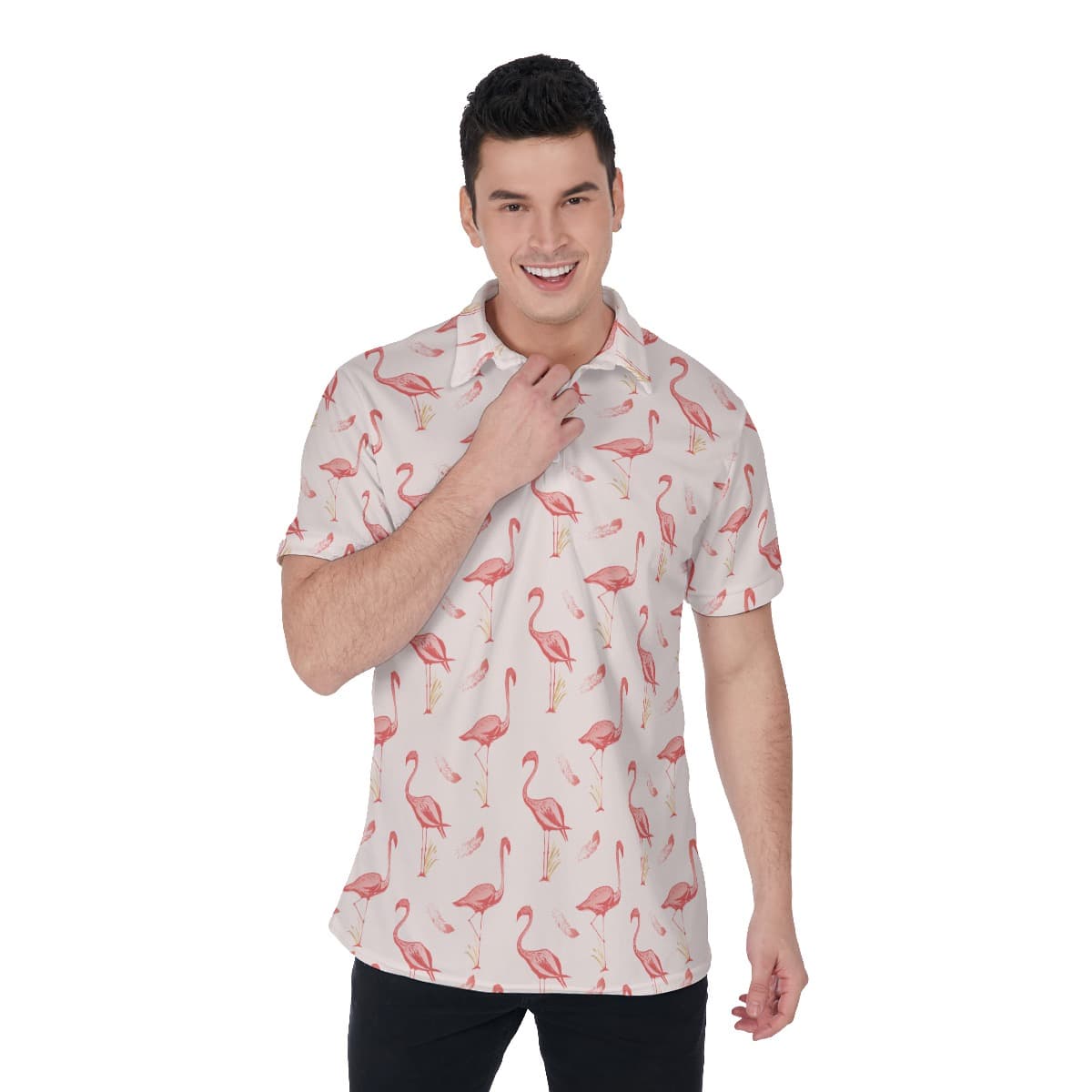 Lovely Flamingo Hawaiian Polo Shirt For Men (1)